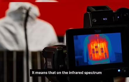 Áo tàng hình với vài mảnh đang được điều chỉnh để lạnh đi và tàng hình trước camera tầm nhiệt